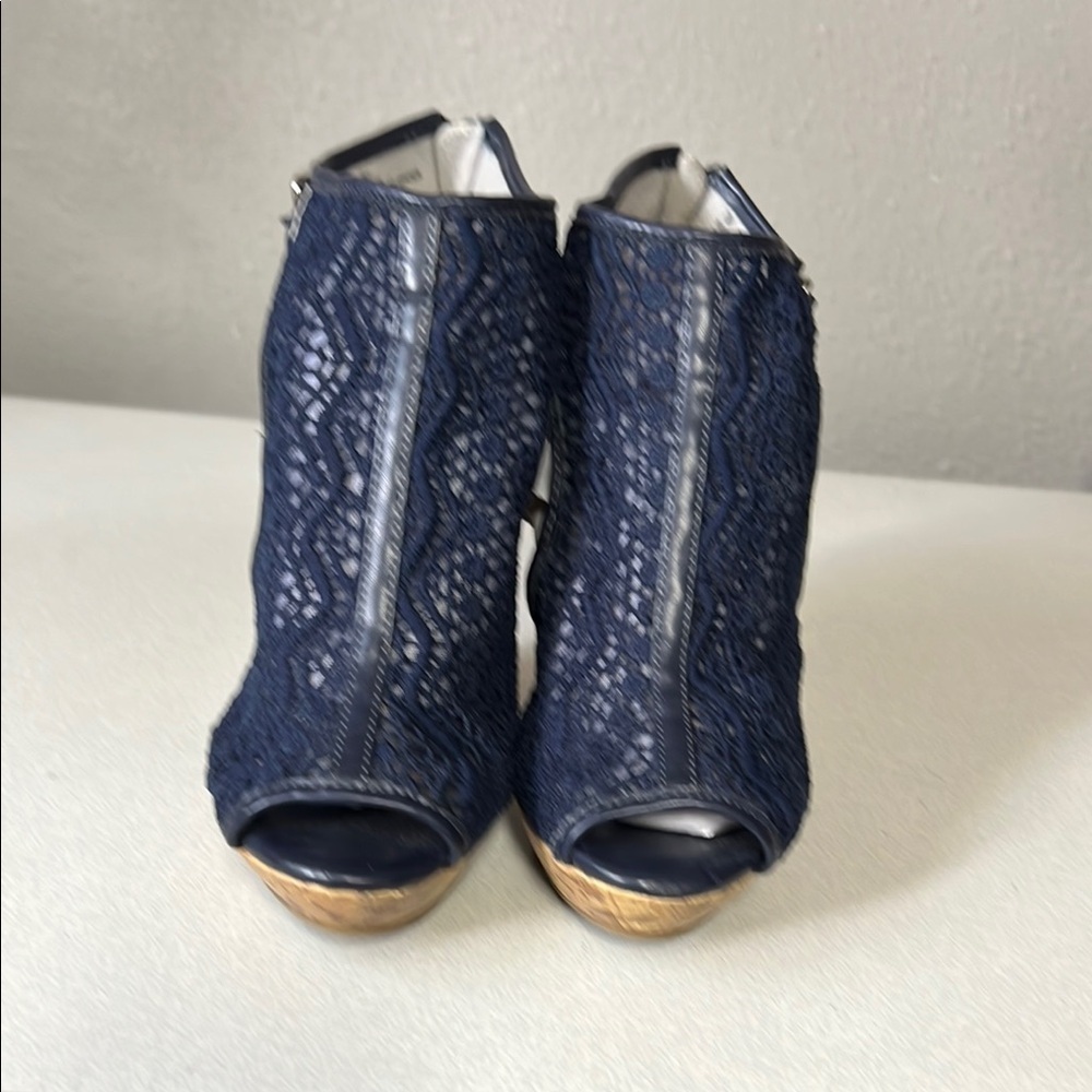Charming Charlie Blue and Gold Ankle Booties with Peep-Toe Design